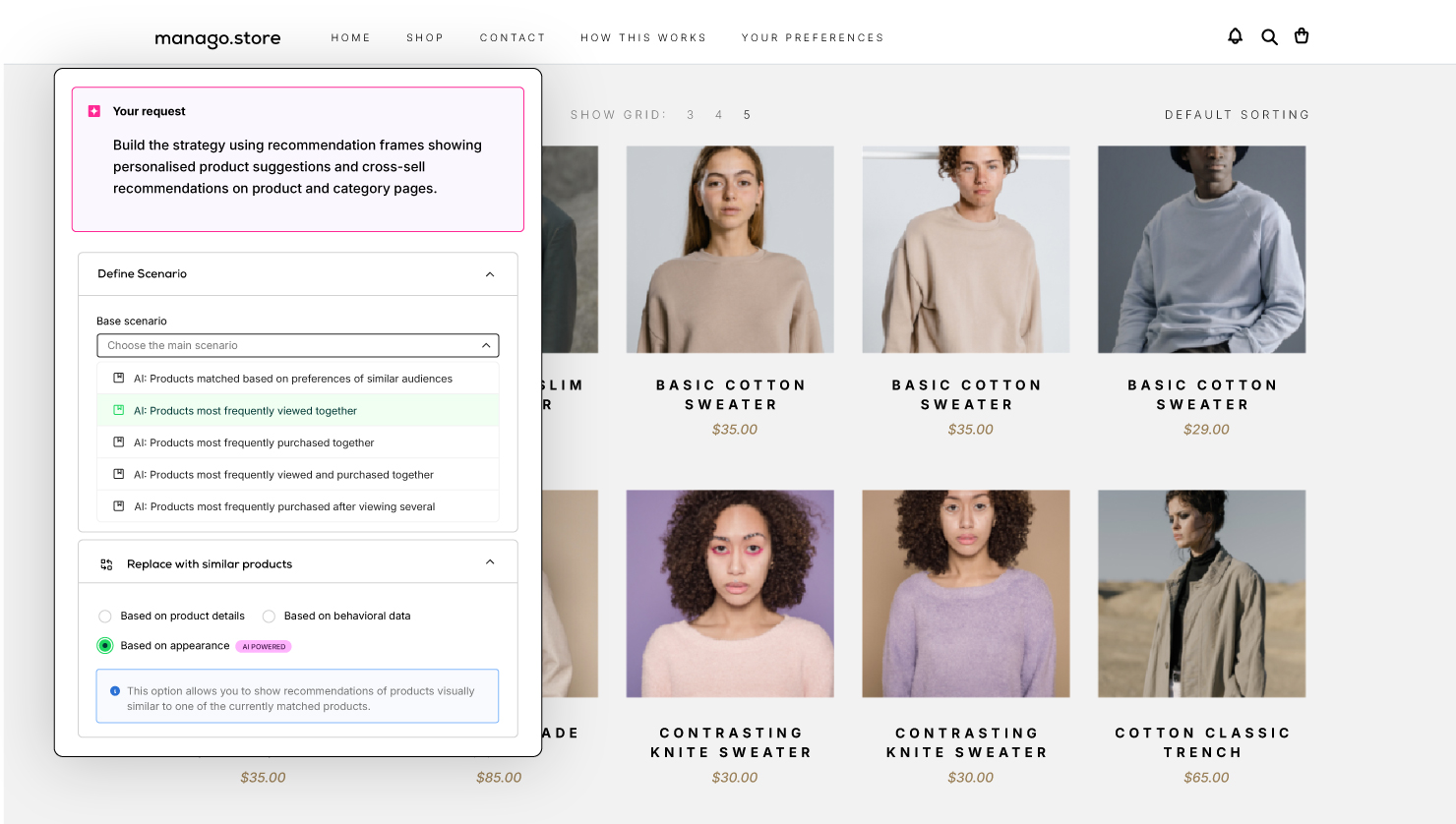 Manago AI dynamic recommendation frames on product and category pages showing personalised cross-sell and upsell product recommendations