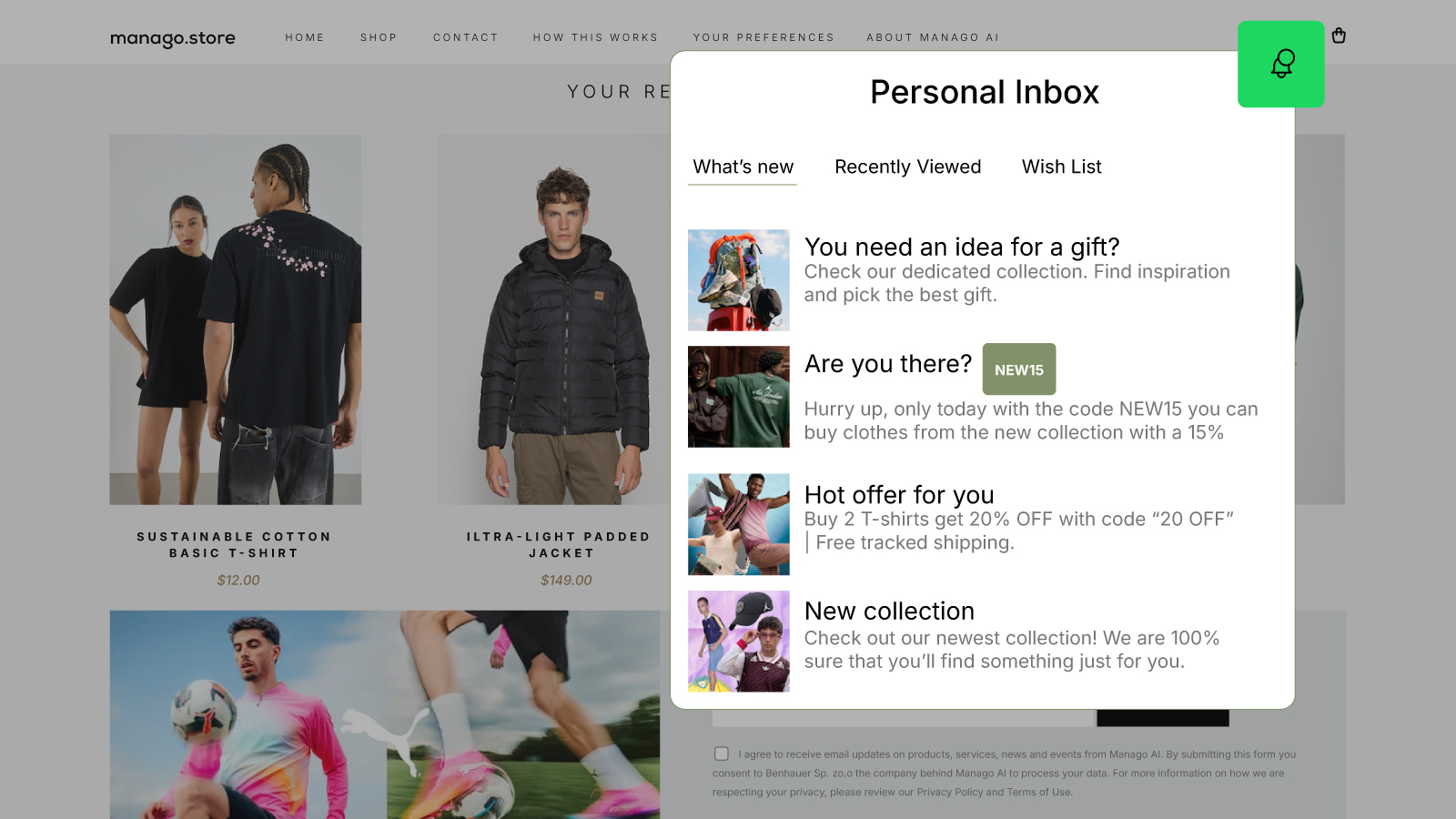 Manago AI Personal Shopping Inbox showing announcements, wishlisted products, recently viewed items, and personalised special offers for individual customers